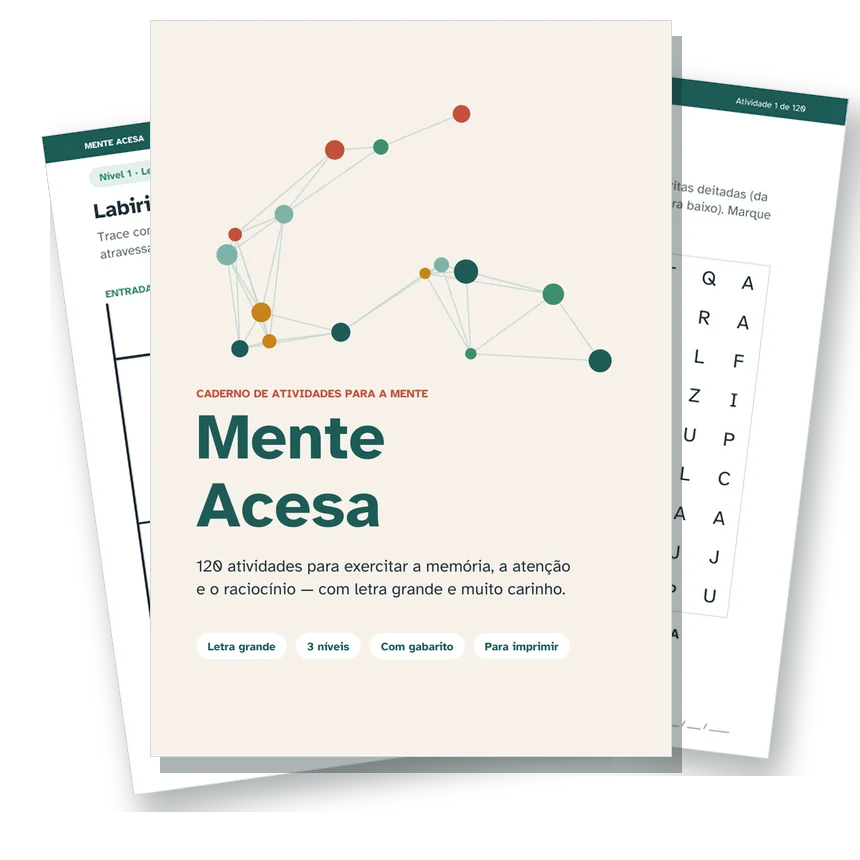 Capa do caderno Mente Acesa com páginas de caça-palavras e labirinto