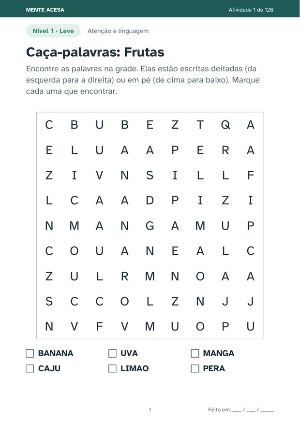 Página de caça-palavras com o tema frutas