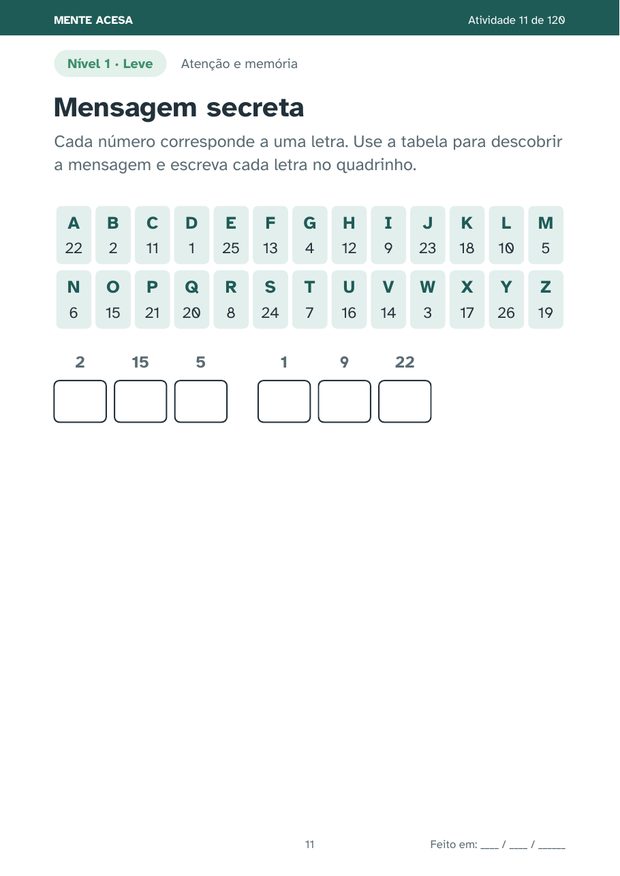 Página de mensagem secreta com tabela de números e letras